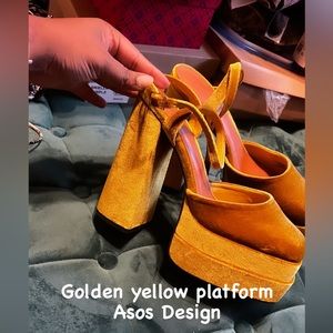 Never worn mustard velvet ankle strap platform Asos Design heels.